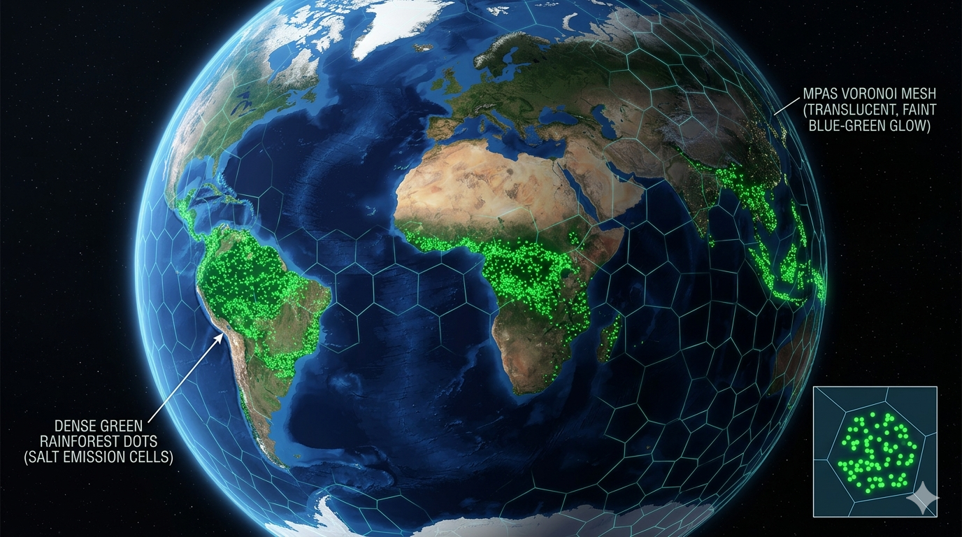 MPAS Voronoi mesh with 10,242 hexagonal cells wrapping Earth, rainforest emission cells highlighted in green